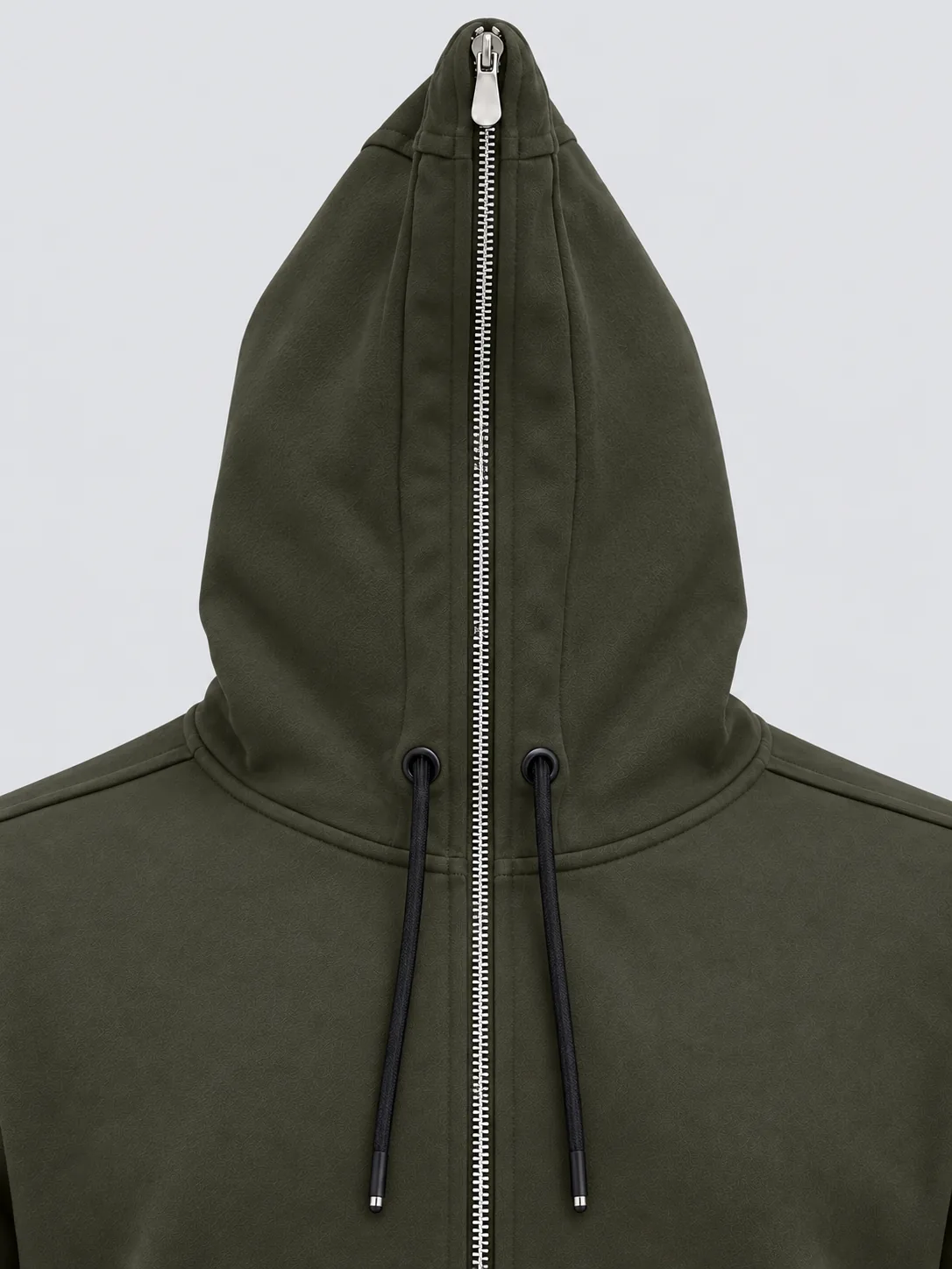 Functional hood zipper pulled to the top