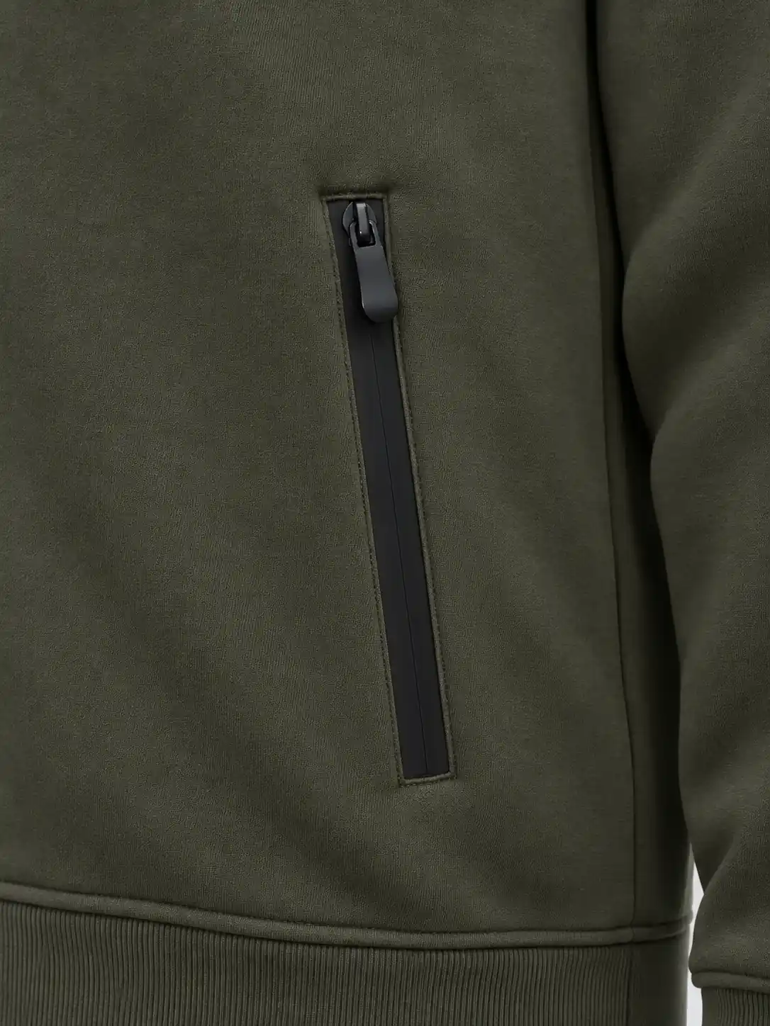 Black side pocket zipper and rib hem detail