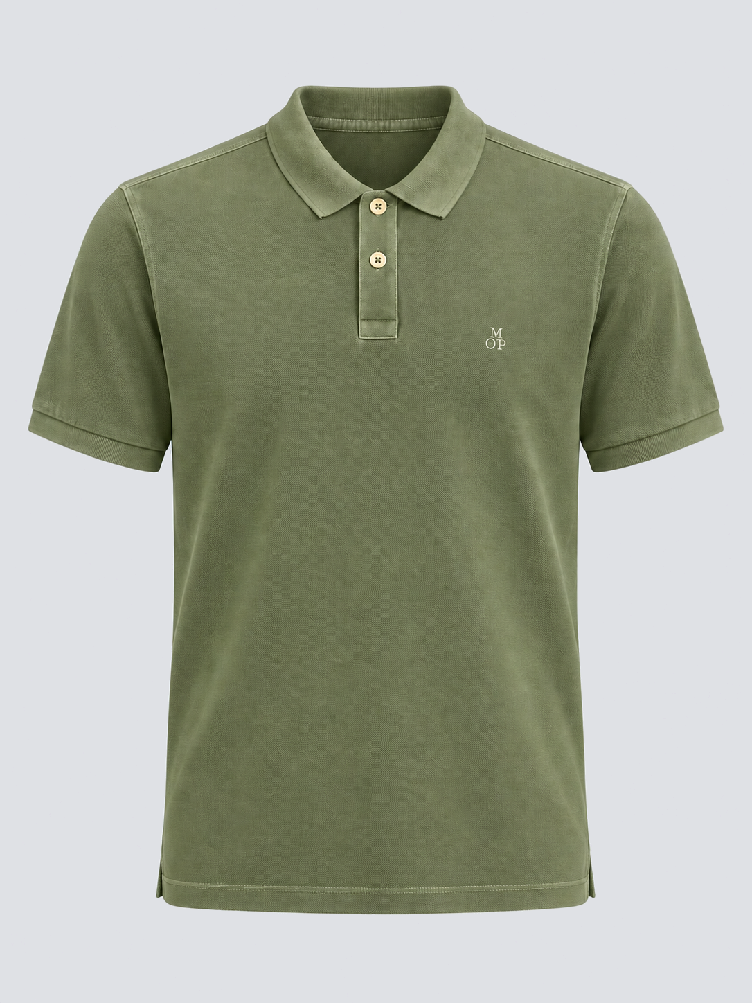 Olive garment-dyed cotton pique polo with chest logo embroidery, front view