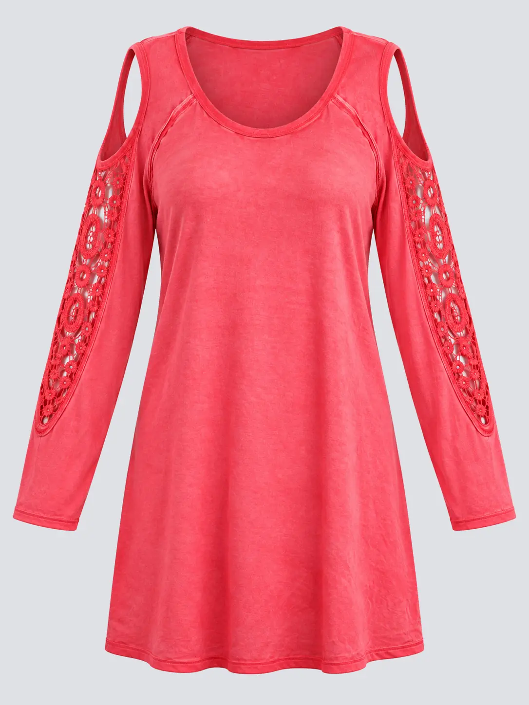 Coral garment-dyed longline women's T-shirt with lace sleeve panels