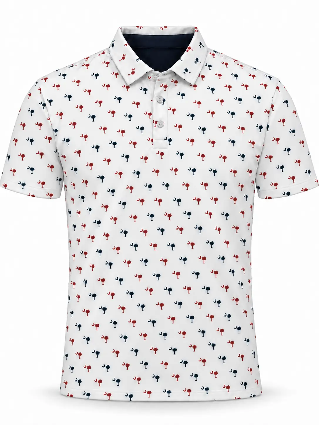 White golf polo with red and navy palmetto and crescent digital print