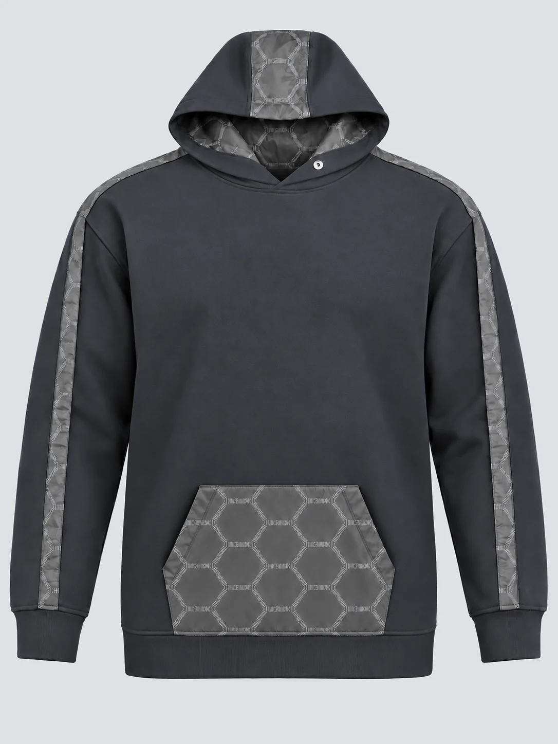 Heavyweight pullover hoodie front with printed nylon panel and pocket