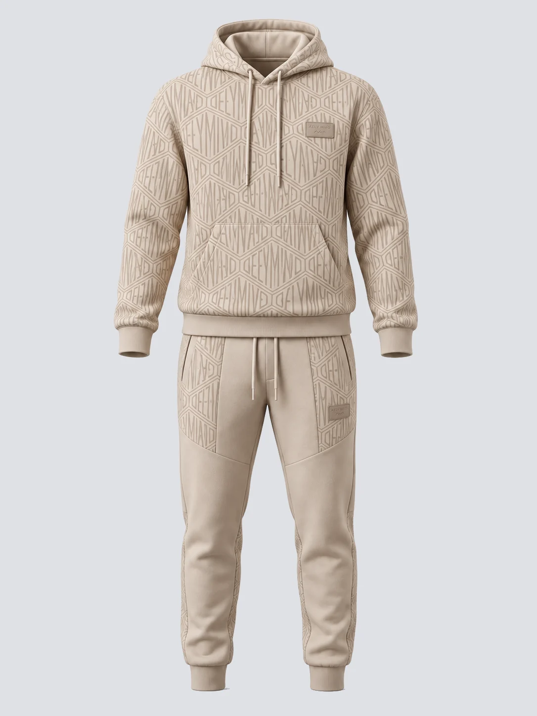 Light beige printed pullover hoodie and joggers with allover monogram pattern