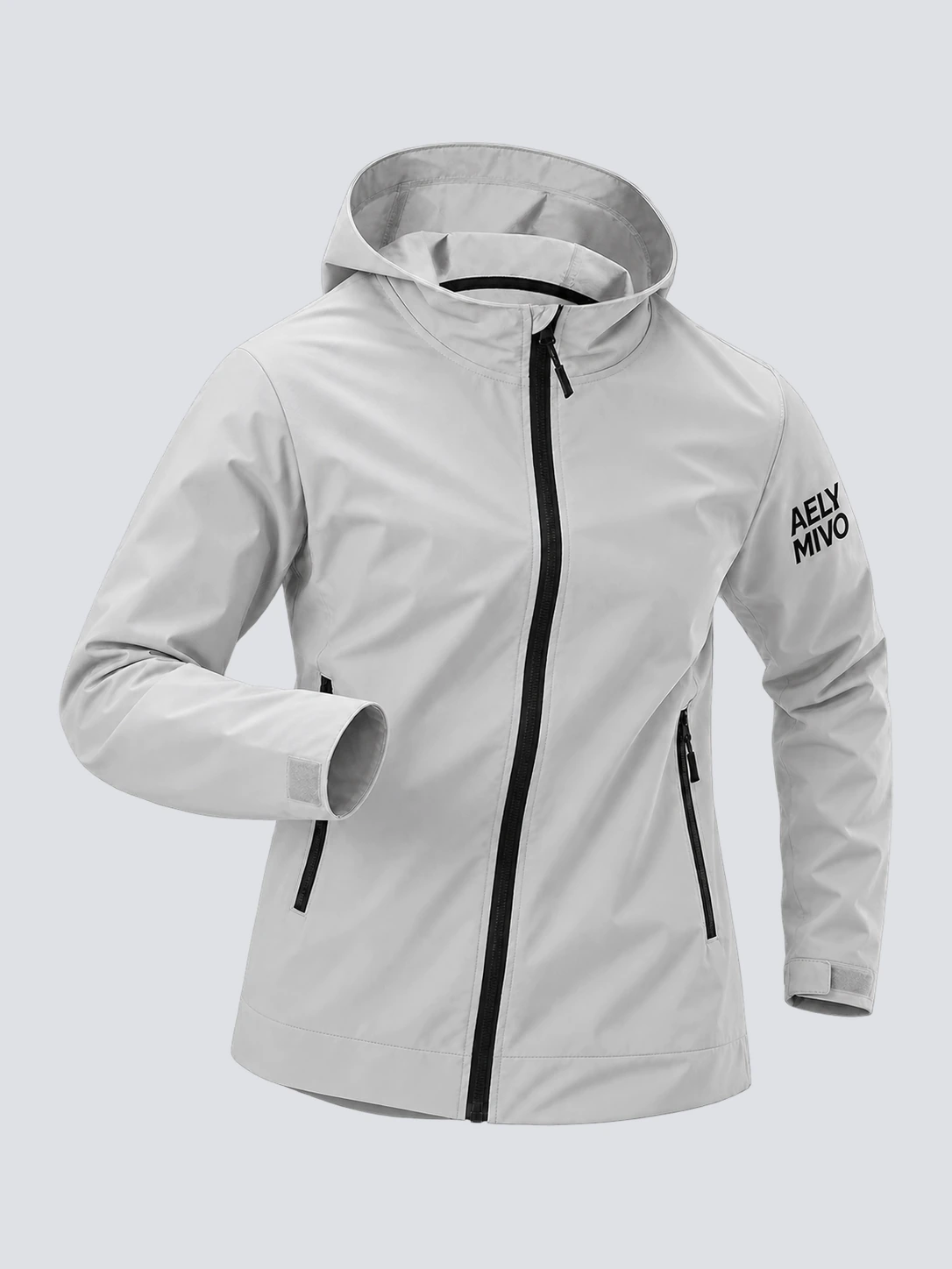 Light grey hooded running jacket with mesh body lining and zipped pockets