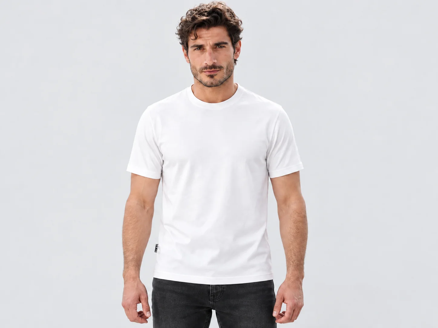Male model wearing a custom white T-shirt