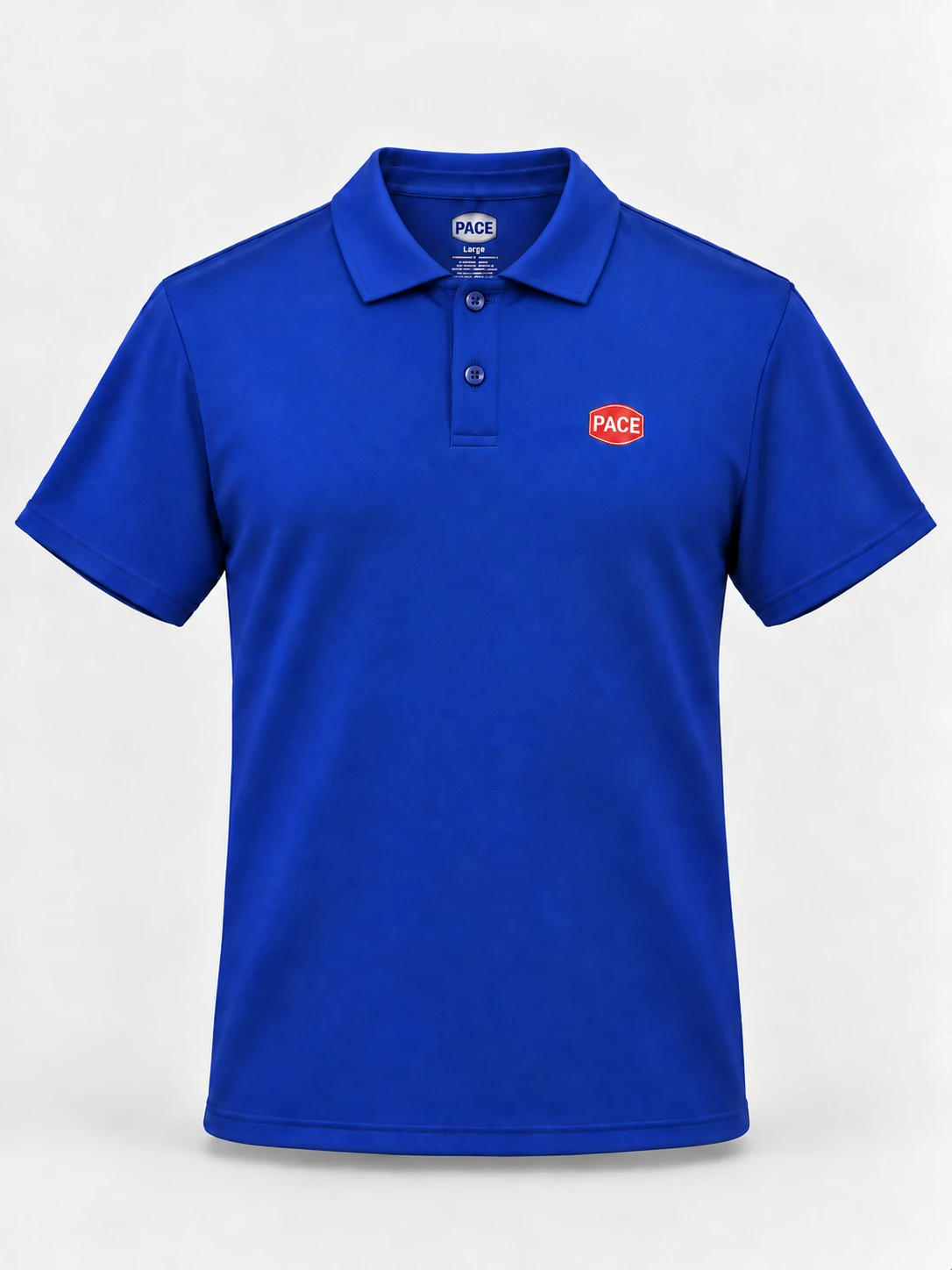 Front of a blue regular fit performance polo shirt with a self-fabric collar, closed single-layer two-button placket and red and white left chest screen-printed logo