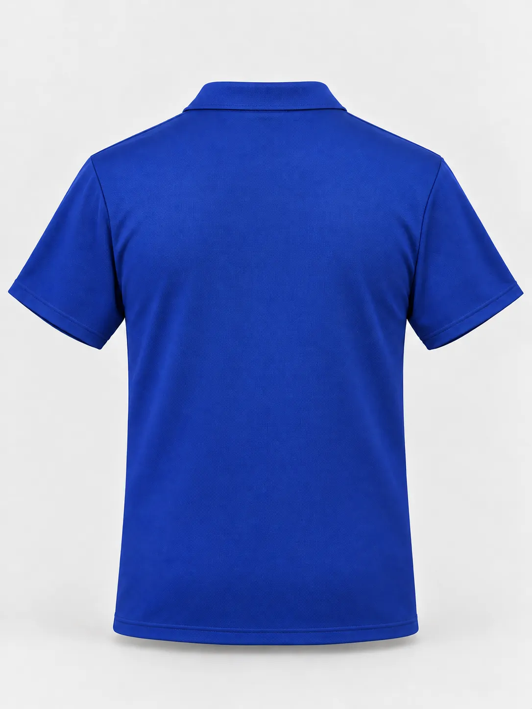 Plain blue back of a short sleeve stretch polyester performance polo shirt with a self-fabric collar