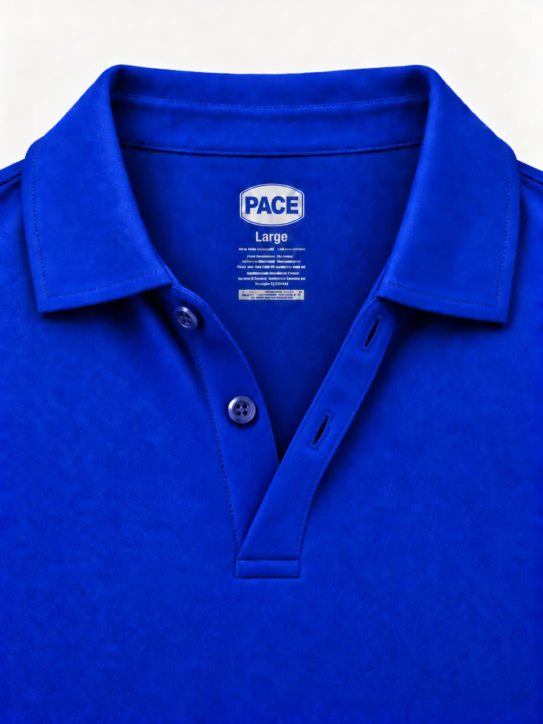 Close-up of the blue cut-and-sewn self-fabric collar with edge topstitching, open single-layer placket, two buttons, matching stitched buttonholes and inside back-neck heat-transfer label