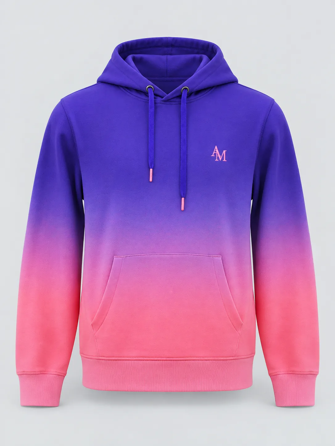 Purple-to-pink ombre dip-dye pullover hoodie front with embroidered AM logo and kangaroo pocket