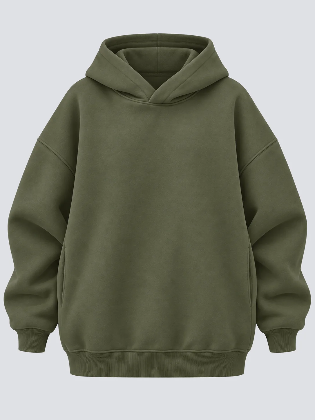 Olive oversized pullover hoodie front with dropped shoulders and side-seam pockets
