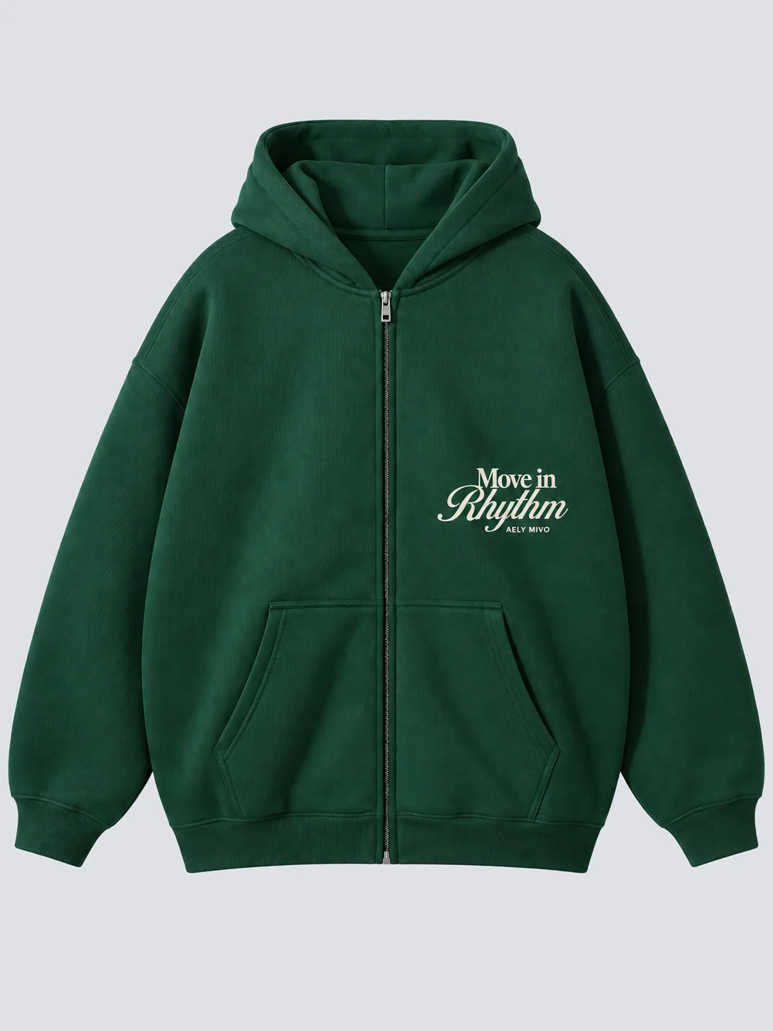 Forest green oversized zip hoodie front with chest print and split pockets