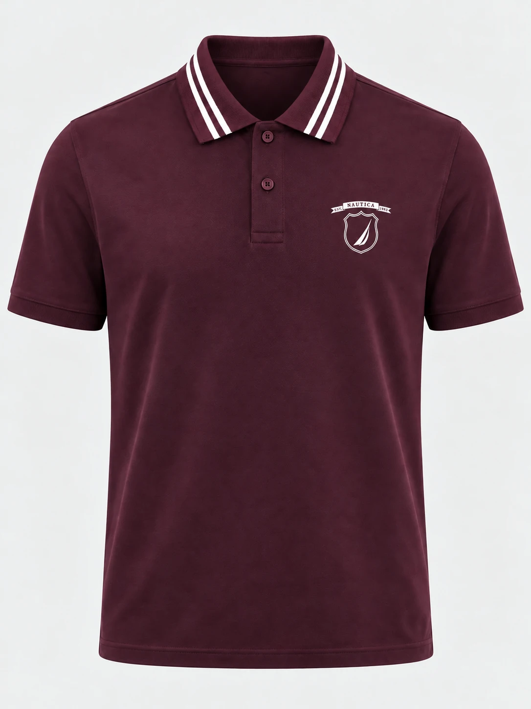 Burgundy printed polo with a raised white chest design and striped collar