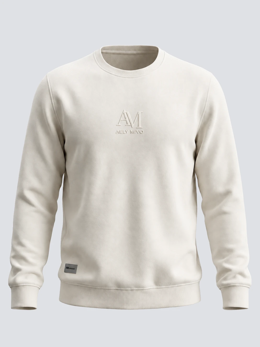 Ivory printed crewneck sweatshirt front with tonal AM logo