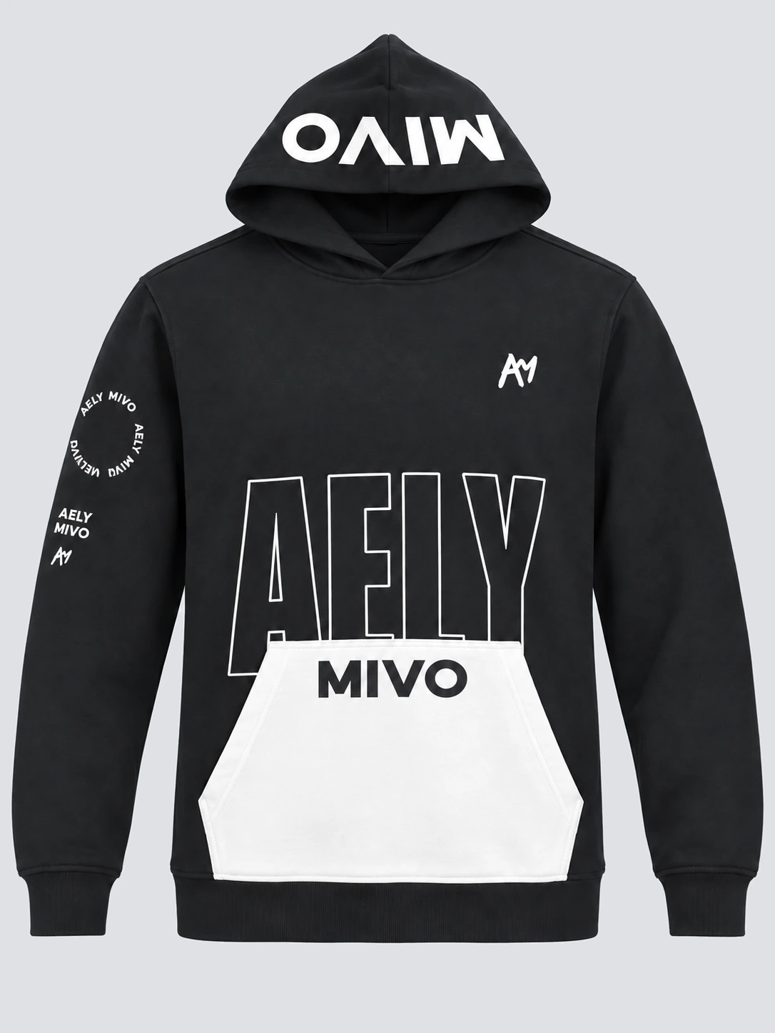 Printed pullover hoodie front with white fabric kangaroo pocket