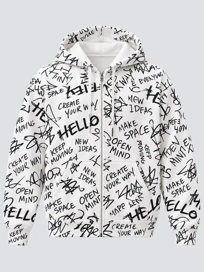 White printed zip up hoodie front with black all-over screen-printed artwork