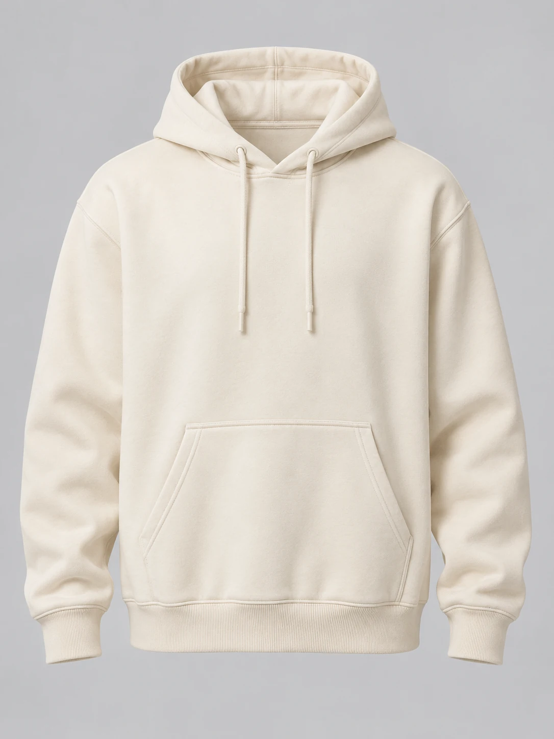 Cream classic pullover hoodie front with drawstring hood, kangaroo pocket and ribbed cuffs and hem