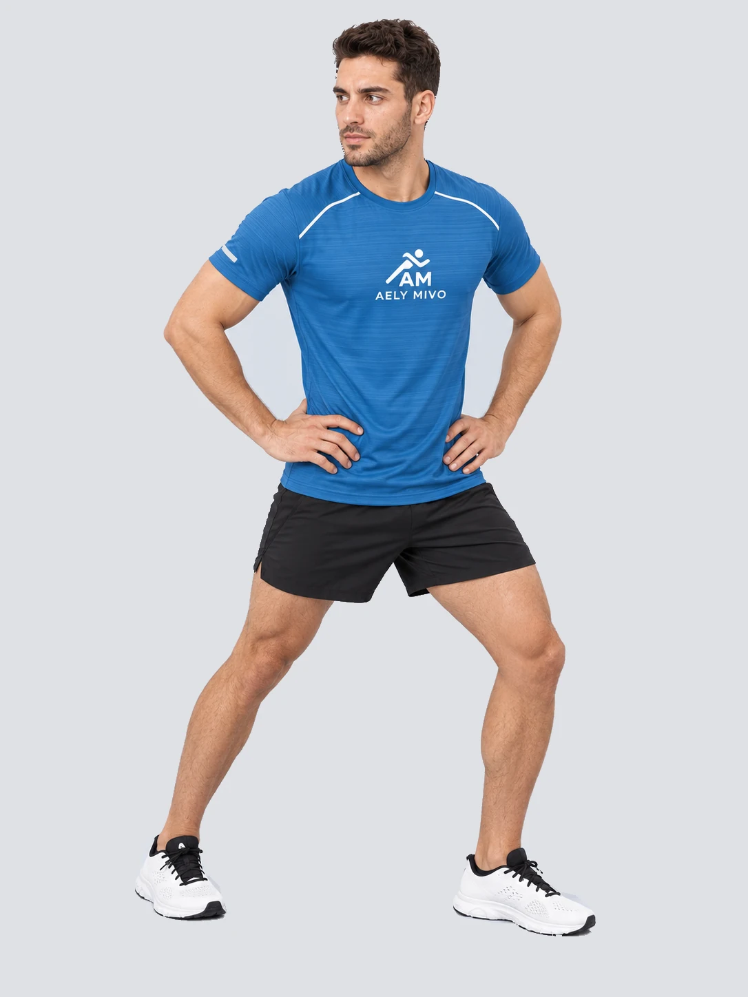 Blue fitted running T-shirt in fine horizontal jacquard knit