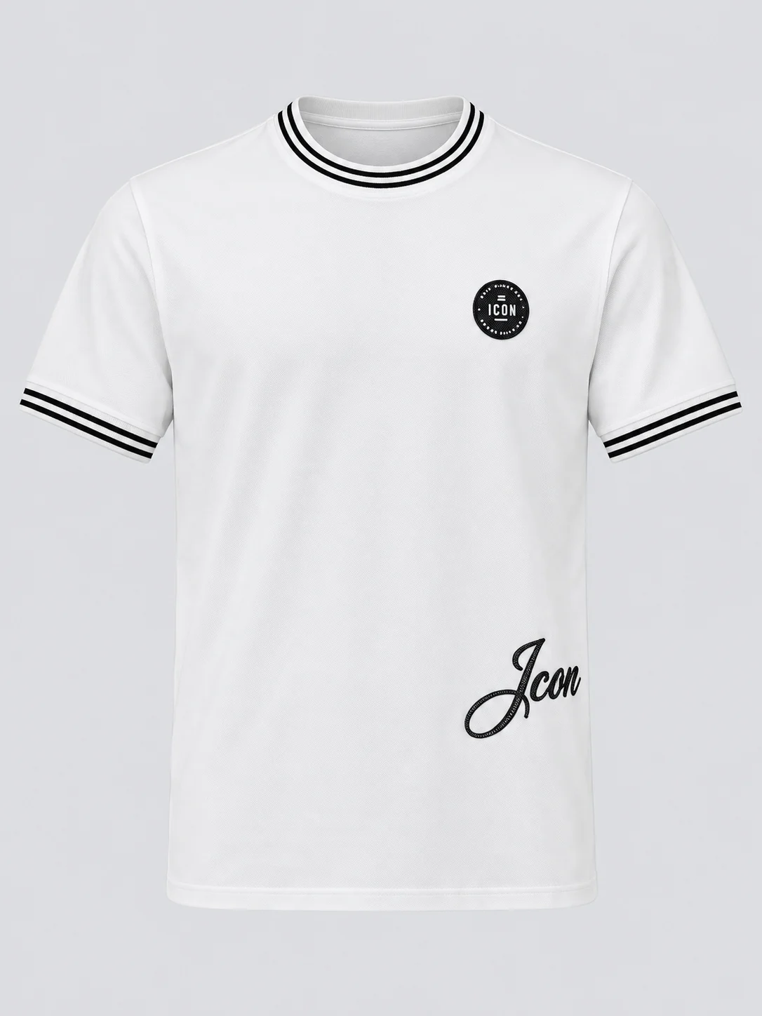 White regular fit contrast stripe rib embroidered T-shirt front with silicone chest badge and black script embroidery