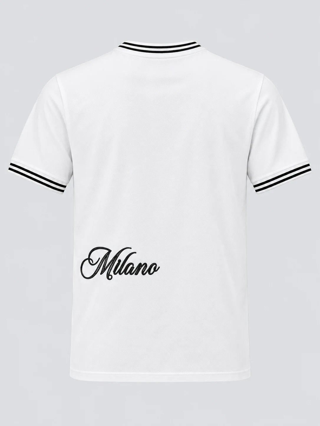 White mercerized cotton pique T-shirt back with lower-back black script embroidery