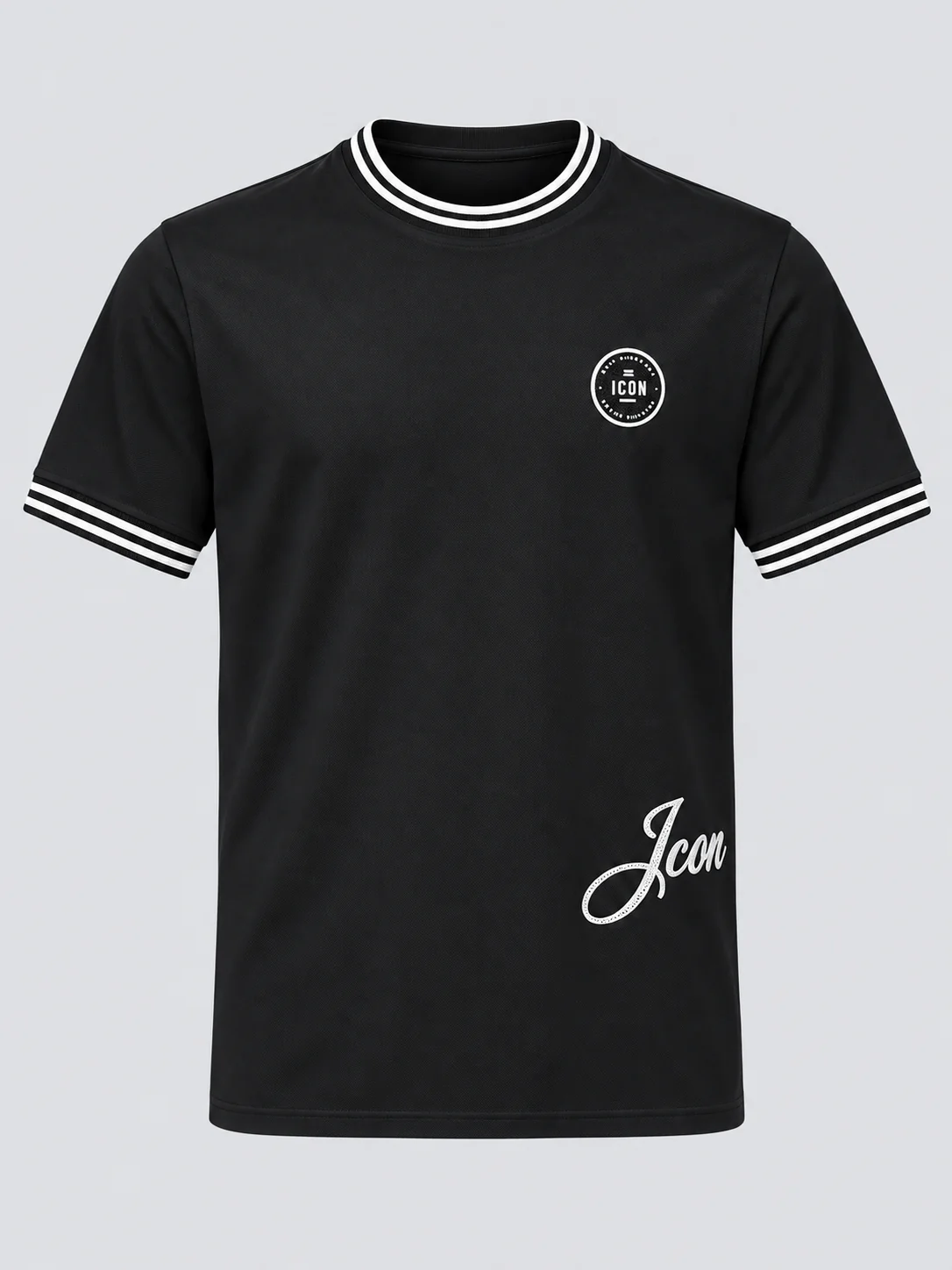 Black regular fit contrast stripe rib embroidered T-shirt front with silicone chest badge and lower-front script embroidery