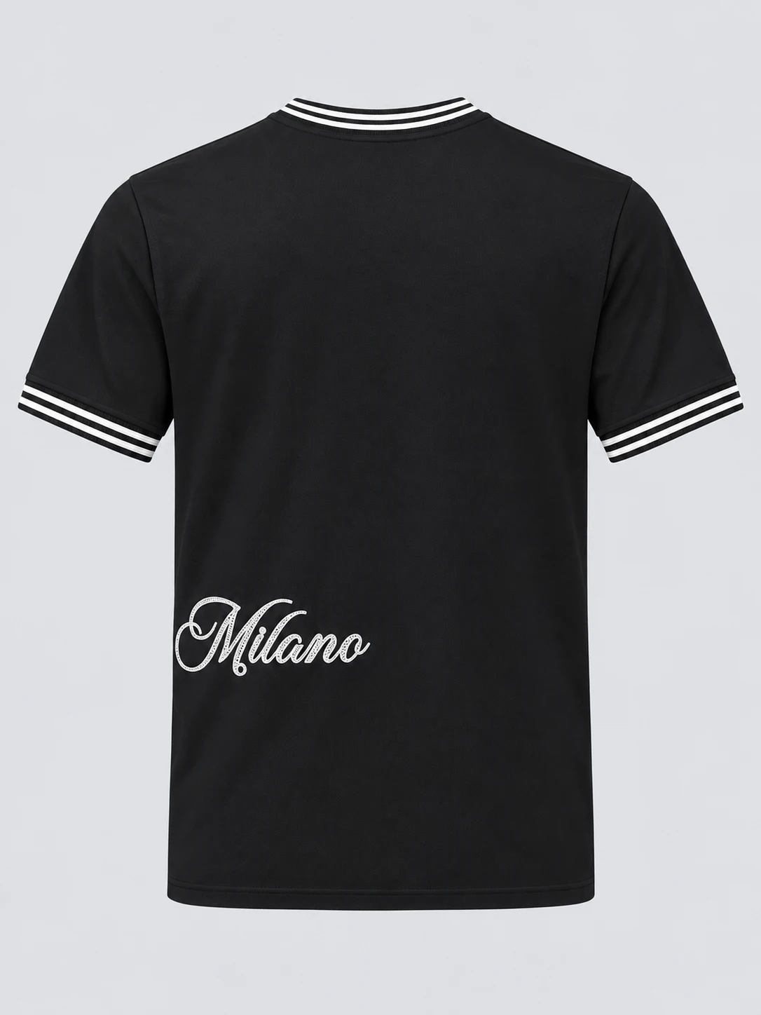 Black mercerized cotton pique T-shirt back with lower-back white script embroidery and striped rib trims