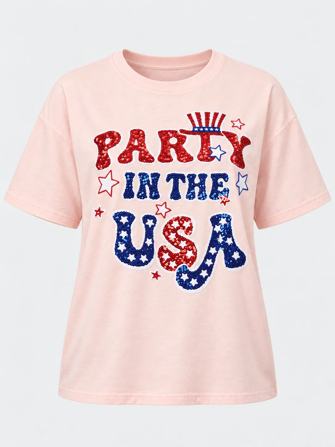 Front of a blush pink short sleeve sequin embroidery T-shirt with colorful lettering and star details