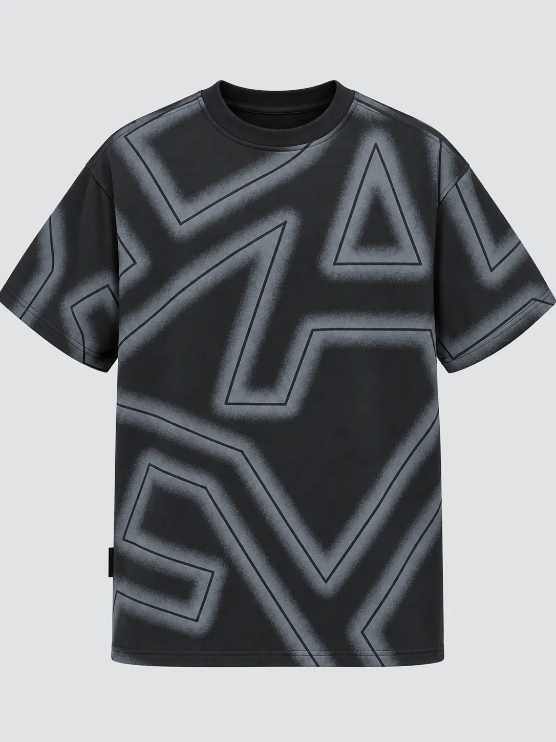 Black all over print T-shirt with tonal geometric artwork