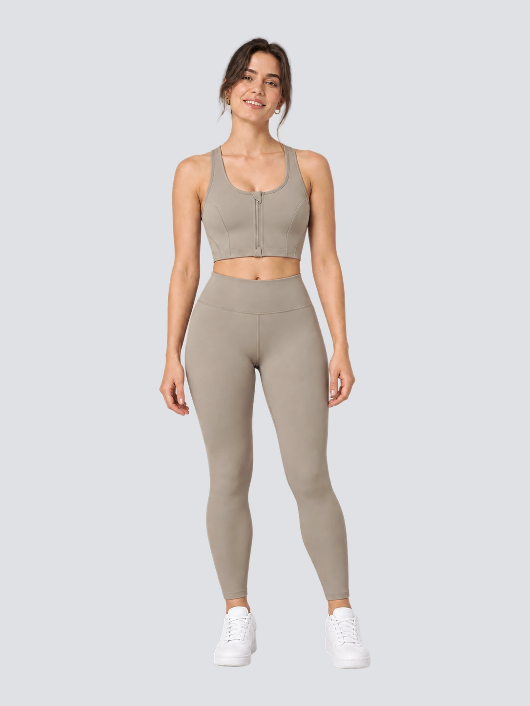 Light taupe front-zip sports bra and high-waist leggings set