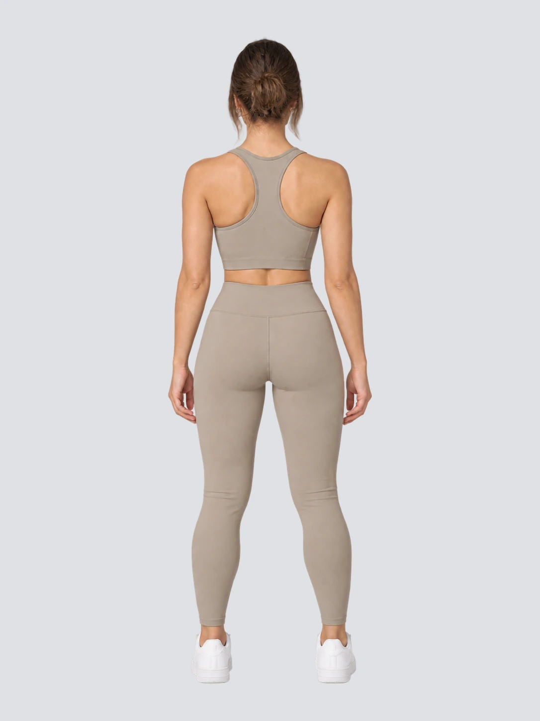 Light taupe racerback bra and leggings set back view