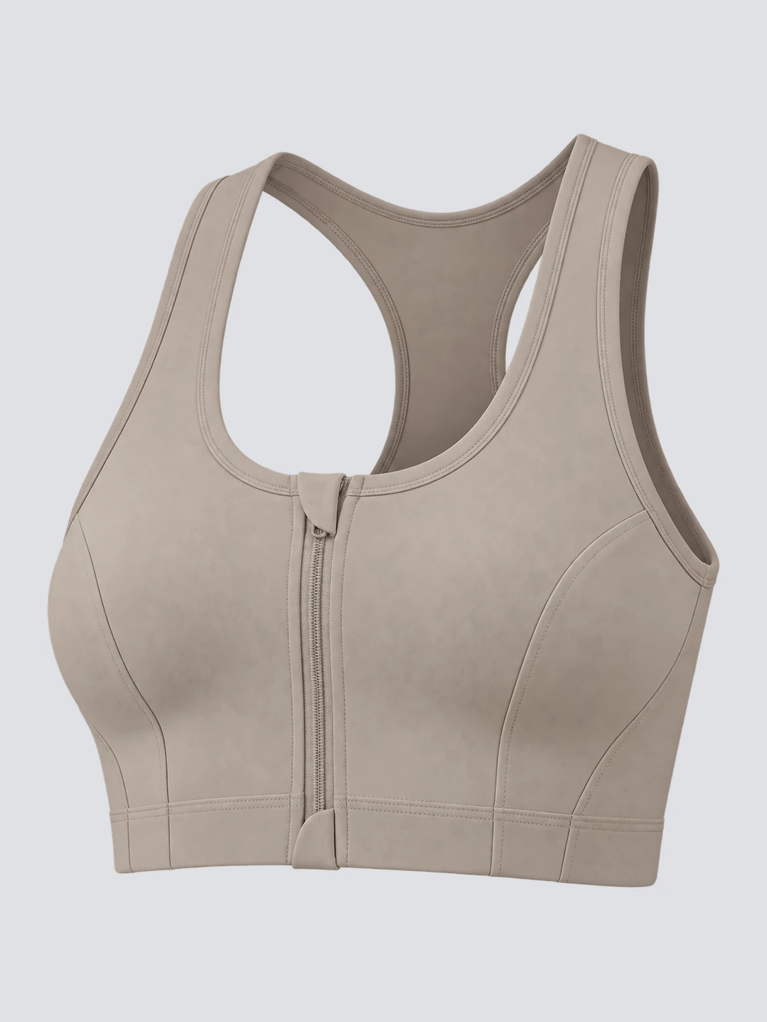 Sports bra front zipper and shaping seams detail