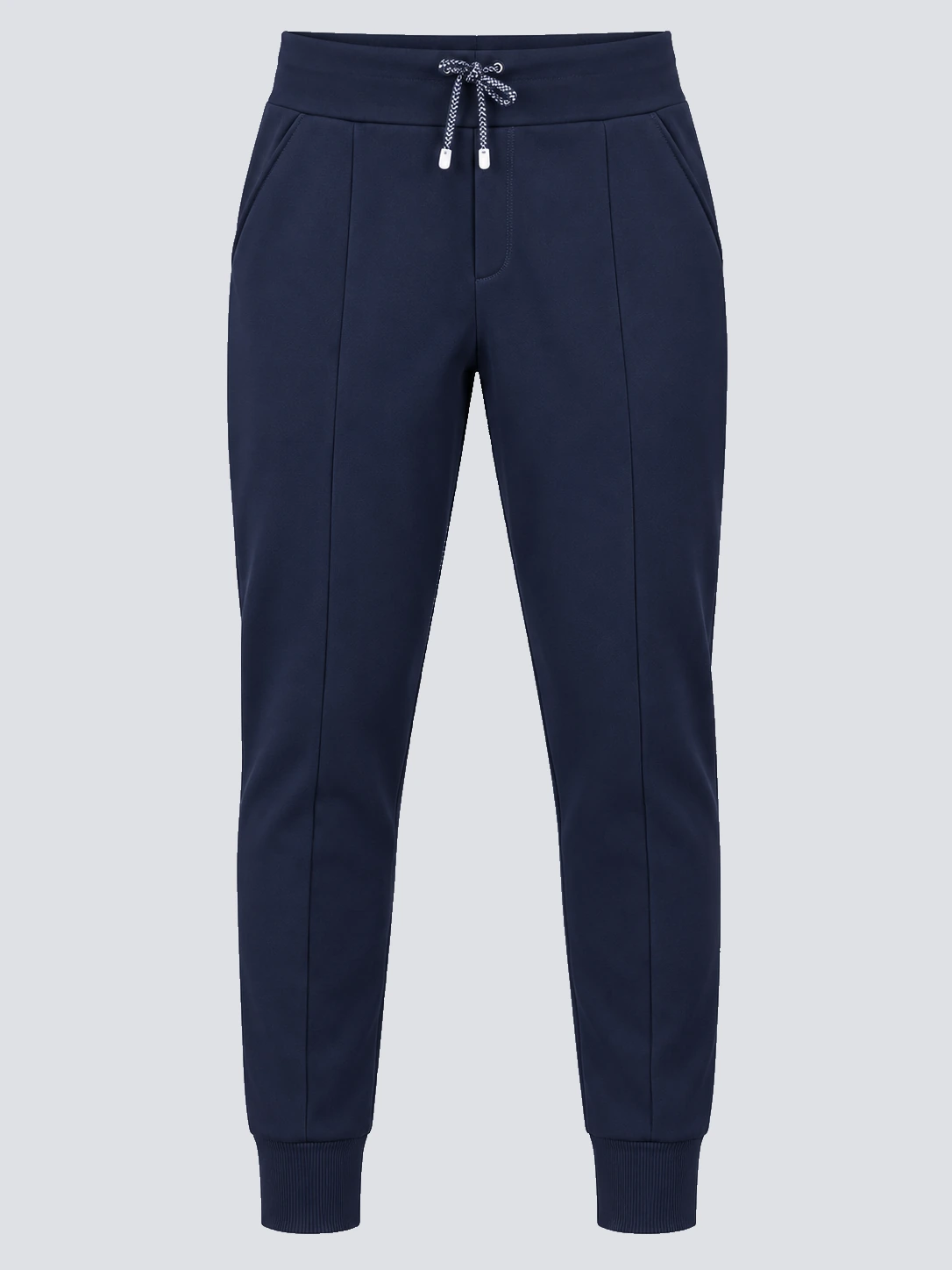 Navy regular-fit training joggers with drawcord waist and front pintucks