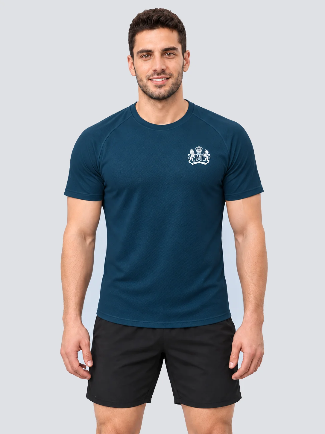 Deep teal fitted training T-shirt with raglan sleeves and AM chest print