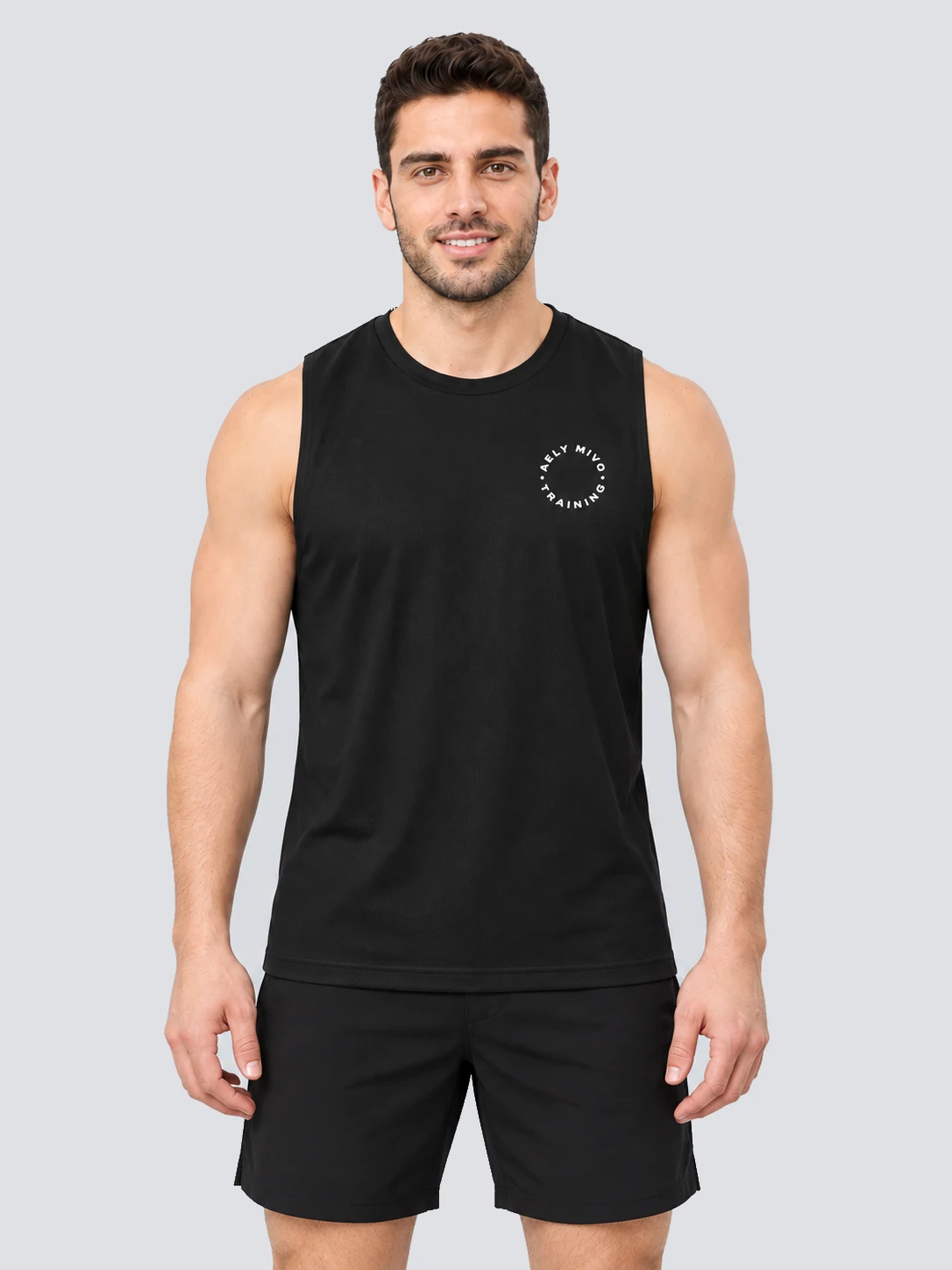 Black relaxed training tank top in double-layer mesh with small chest print