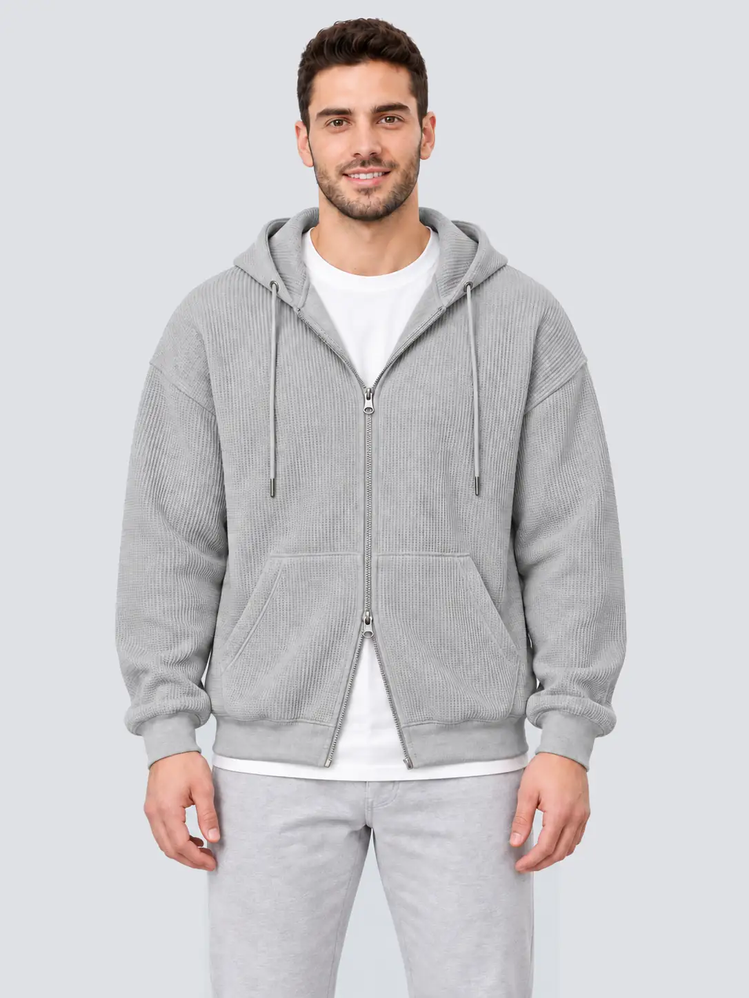 Heather gray two-way zipper hoodie with dual-slider front zip on male model