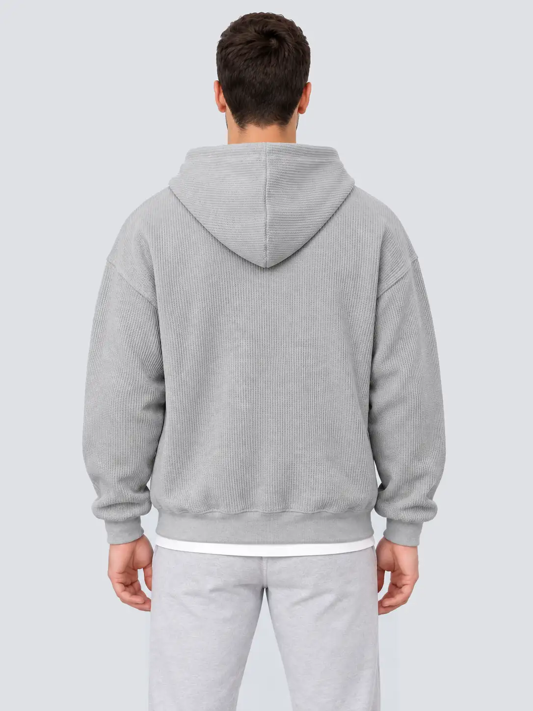 Heather gray two-way zip hoodie back on male model