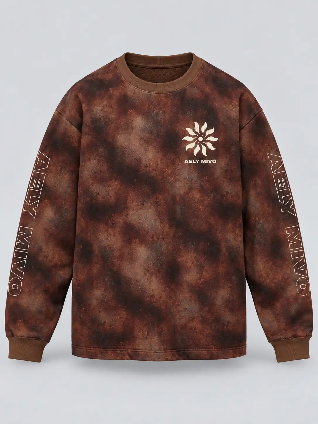 Front of brown and black mineral-washed crewneck sweatshirt with white sun and AELY MIVO chest print and sleeve lettering