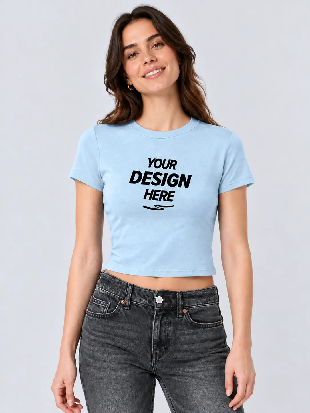 Light blue women's cropped T-shirt with a black chest print