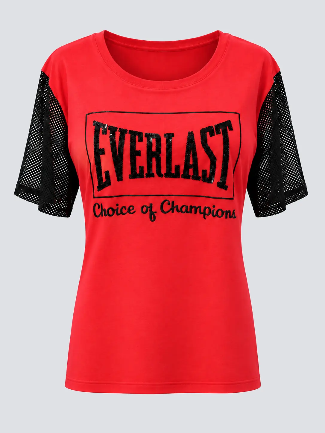 Red women's T-shirt with sequin lettering and black mesh sleeves