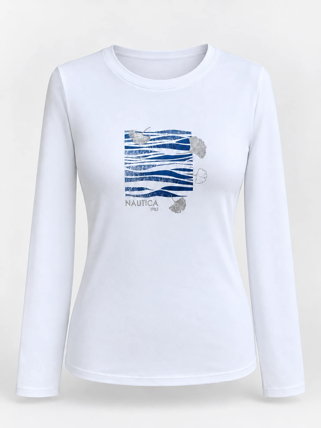 White fitted women's T-shirt with gradient chest decoration