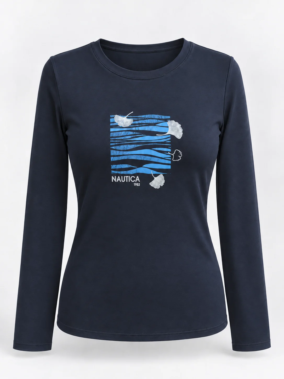 Navy fitted long sleeve T-shirt front view