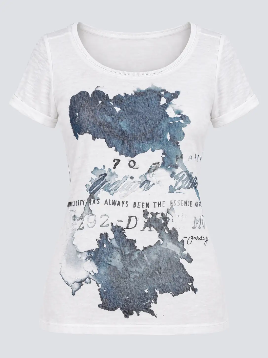 Soft white women's graphic T-shirt with a water-based front print