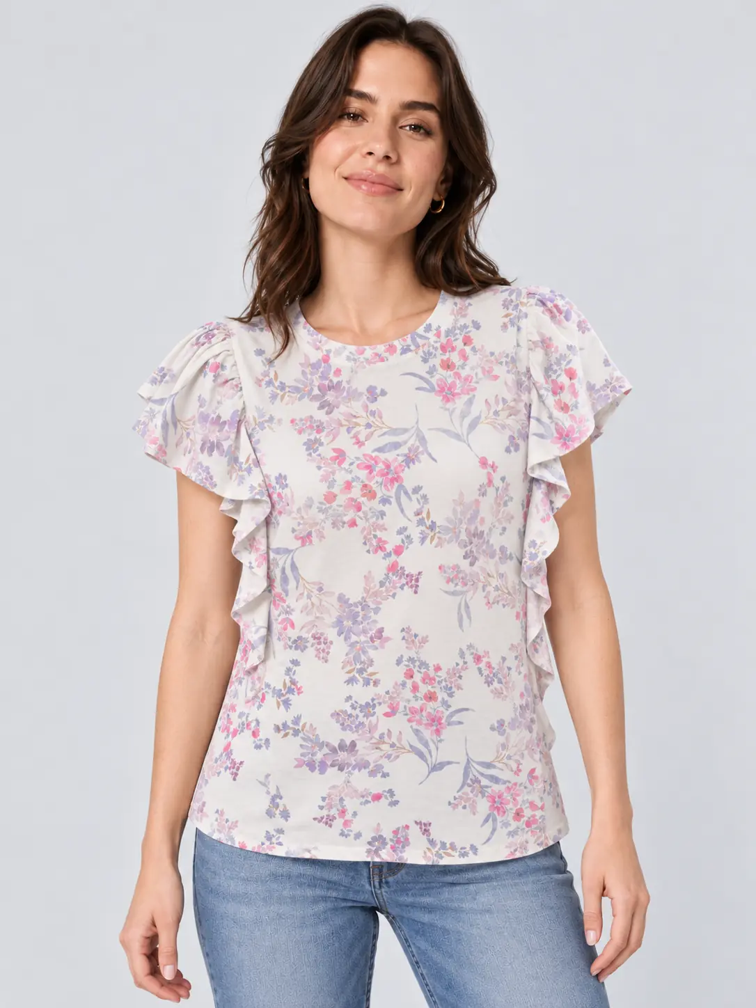Floral women's modal-cotton T-shirt with flutter sleeves