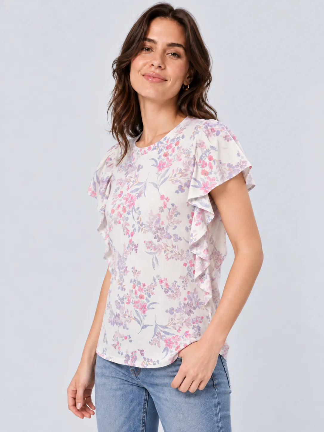 Women's floral T-shirt three-quarter view