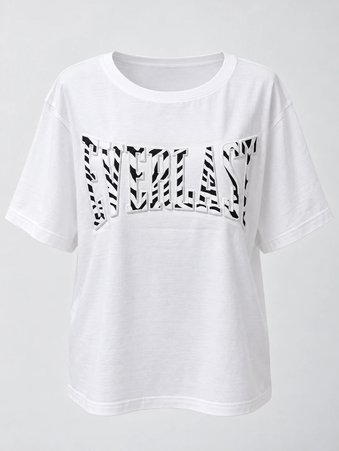 White women's oversized T-shirt with raised fabric lettering