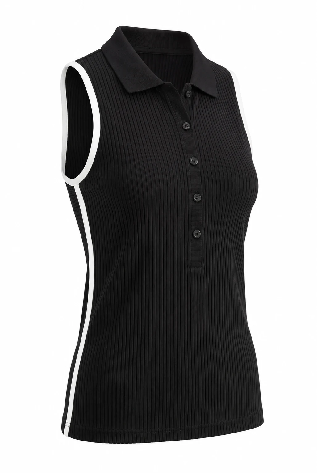 Black women's sleeveless polo top with vertical ribs and white trim