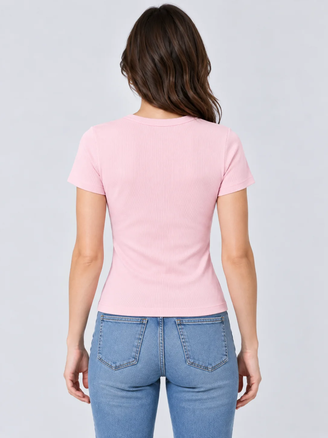Pink women's ribbed T-shirt back view
