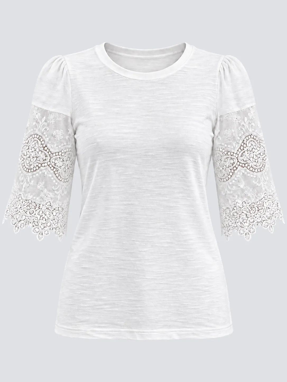 White women's cotton slub jersey T-shirt with lace sleeve panels