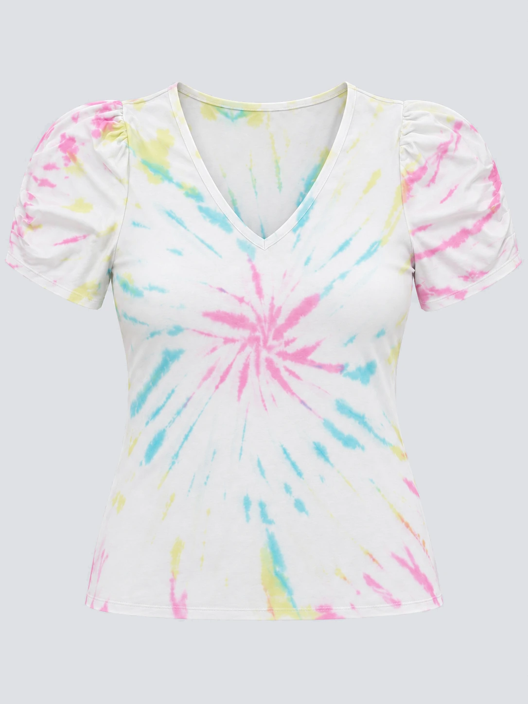 Women's pastel radiating tie-dye V-neck T-shirt with short puff sleeves, front view