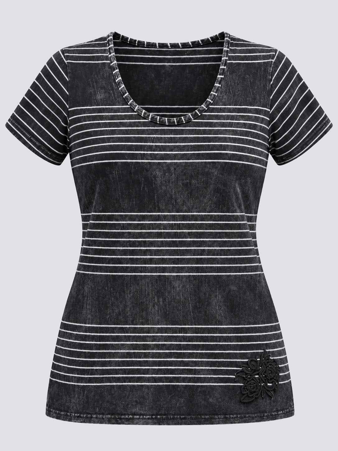 Women's stone-washed knitted denim-look T-shirt with fine stripes and fabric flower, front view